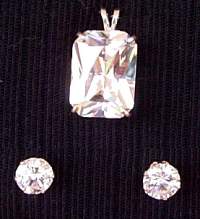 cubic zirconium, cz, crystal, emerald cut, white diamond, 9mm round, sterling silver, mount, tiffany, pendant, earrings