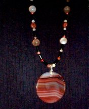 colors of sunset, necklace, earrings, bracelet, sardonyx, agate, carnelian, peitersite, jet, beads, pendant, silvertone, magnetic closure, hand made