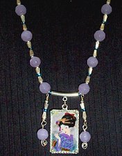 geisha girl, necklace, chalcedony, beads, silvertone, bead spacers, seed beads, strands, decoupaged, rectangular, pendant, lotus blossom, toggle