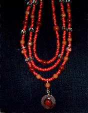 hand made, jewelry, necklace, earrings, bracelet, pendant, pearls, crystals, czech glass, triple strand, carnelian cabochon