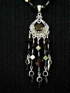 necklace, handmade, custom jewelry, bracelet, earrings, pendant, black, spinel, sterling silver, black jet, magic crystals, seed beads, czech glass, bugle, dagger beads