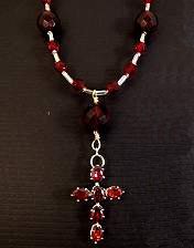 necklace, handmade, custom jewelry, earrings, garnet cross, sterling silver cross, seed beads, czech glass, fire polished garnet crystal beads, french wire earrings