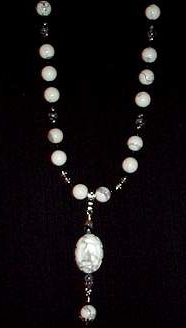 necklace, handmade, custom jewelry, earrings, pendant, white howlite, oval, snowflake obsidian, stones, antiqued, silvertone, seed beads, hand carved
