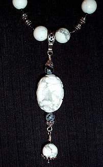 necklace, handmade, custom jewelry, earrings, pendant, white howlite, oval, snowflake obsidian, stones, antiqued, silvertone, seed beads, hand carved