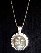 Necklace, round, 16mm, beige, hand carved cabochon moonstone face, sterling silver italian baby box chain