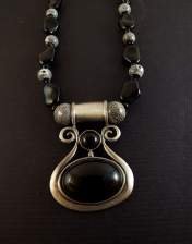 necklace, handmade, custom jewelry, earrings, pendant, black jet pendant, pewter setting, dalmation round beads, pewtertone toggle closure