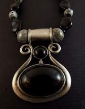 necklace, handmade, custom jewelry, earrings, pendant, black jet pendant, pewter setting, dalmation round beads, pewtertone toggle closure