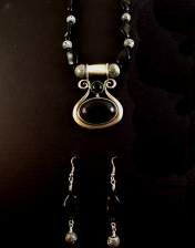 necklace, handmade, custom jewelry, earrings, pendant, black jet pendant, pewter setting, dalmation round beads, pewtertone toggle closure