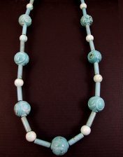 necklace, handmade, custom jewelry, bracelet, earrings, pendant, hand carved blue green chalk turquoise, rounds, tubes,  silvertone, toggle closure