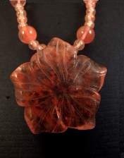 necklace, handmade, custom jewelry, earrings, translucent cherry quartz, flower blossom, round beads, toggle closure