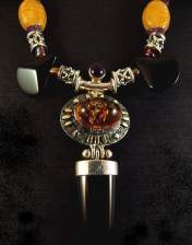 necklace, handmade, custom jewelry, hand carved, yellow jade, queen of sheba, scarabs, moss agate, jet, tube beads, silvertone bead spaces, sterling silver, amber cabochon, amethyst, cabochon, oval, magnetic closure