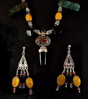 necklace, handmade, custom jewelry, hand carved, yellow jade, queen of sheba, scarabs, moss agate, jet, tube beads, silvertone bead spaces, sterling silver, amber cabochon, amethyst, cabochon, oval, magnetic closure